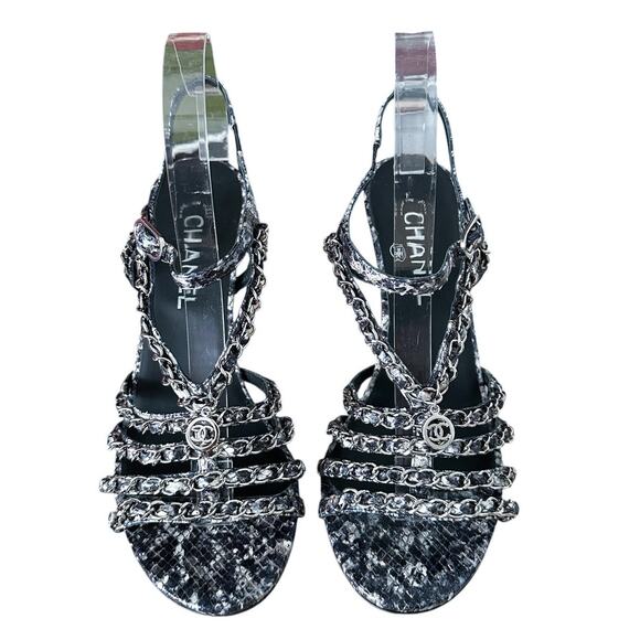 Chanel Python Snakeskin Chain Indigo Blue Strappy High Heel Sandals 40 - Picture 2 of 11
